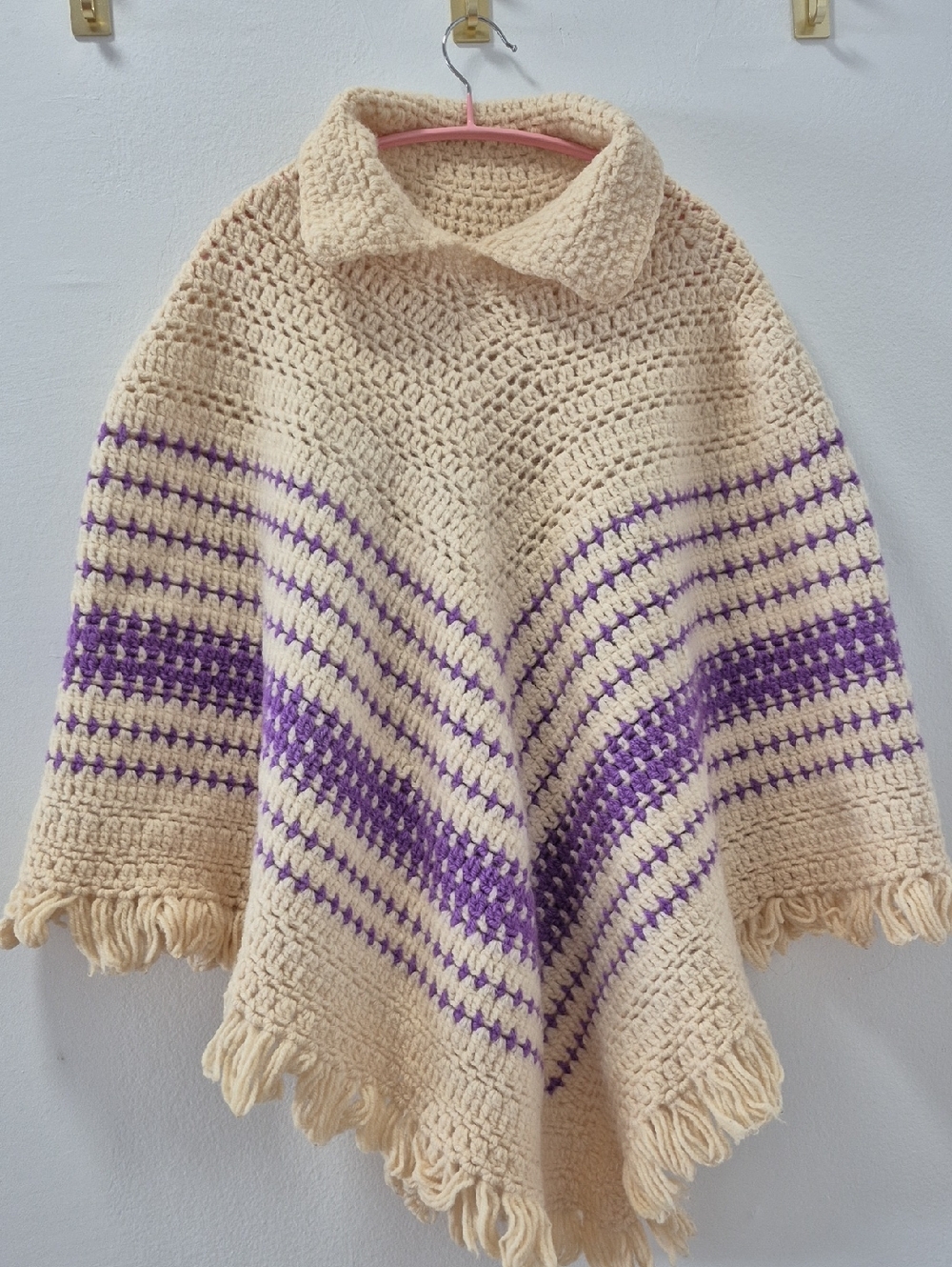 Vintage Cream and Purple Crochet Poncho Sweater with Collar